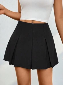 SHEIN PETITE Women's Solid Color Pleated Skirt Mini Skirt - Black - View 6