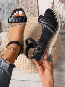 Của phụ nữ Kích thước lớn Đen Kim cương Trang trí Dệt Nêm Dép xăng đan Với Đệm khí Thoải mái - màu đen - Xem 1