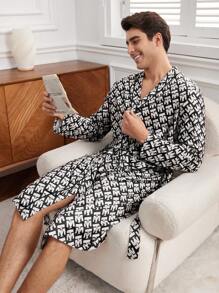 Men's Long Sleeve Homewear Robe With Letter Print - Black - View 5
