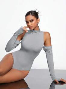 Brittney Do Designer Women Grey Turtleneck Cutout Bodysuit With Sleeves, For Holiday, Vacation, Spring & Summer, Beach, Festival, Ibiza Fits - Grey - View 1