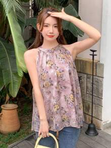 DAZY 花朵纹理无袖圆领宽松女式娃娃衫外出度假上衣 - 彩色 - 查看 5