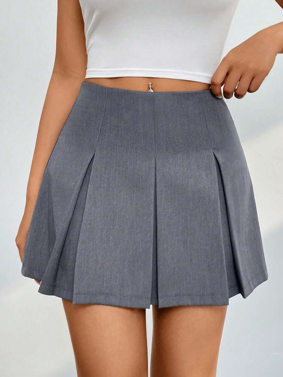 SHEIN PETITE 女士百褶裙，休闲百褶裙，拉链裙，常规版型，自然灰纯色女裙，春夏，日常休闲迷你裙 - 灰色 - 查看 1