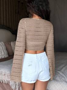 SHEIN Unity Ngắn Áo len Mở Với Xu hướng: Cắt giảm Chi tiết Và Chuông - Lạc đà - Xem 3