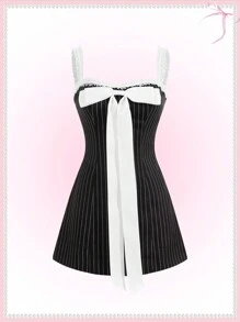 SHEINNeu 芭蕾撞色蕾丝边大蝴蝶结短款夏季连衣裙 - 黑與白 - 查看 1