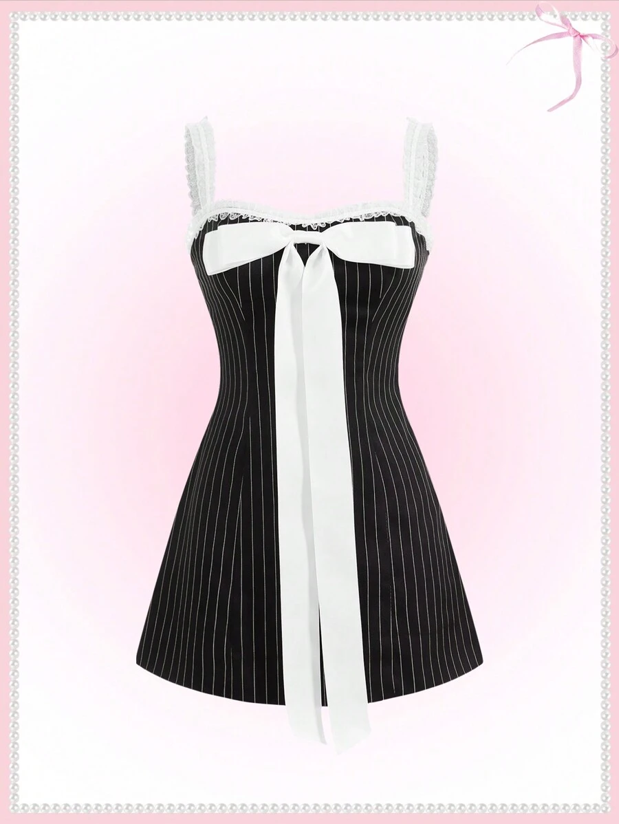 SHEINNeu 芭蕾撞色蕾丝边大蝴蝶结短款夏季连衣裙 - 黑與白 - 查看 1