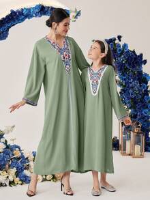 SHEIN 適合青少女的優雅刺繡連衣裙 - 綠色 - 查看 6