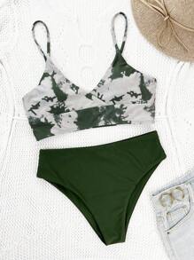 SHEIN Swim 染色背心實色三角底部分離式比基尼，比基尼泳衣沖浪衣沙灘裝暑假旅行套裝 - 彩色 - 查看 3