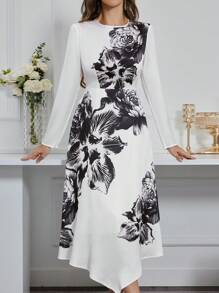 Modelyn Women's Floral Print Round Neck Long Sleeve Dress