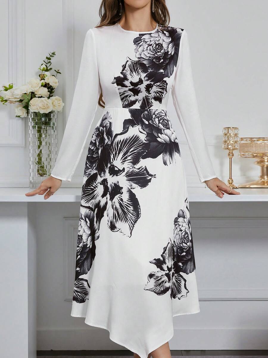 Modelyn Women's Floral Print Round Neck Long Sleeve Dress