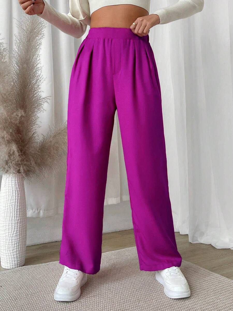 SHEIN Unity High Waist Plicated Detail Straight Leg Pants Fall Cloth For Women - Red Violet - View 1