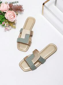 Chaussons Plats Pour Femmes À La Mode, Sandales De Plage De Style Été 2024, Glissades À Bouts Ouverts - Vert olive - Voir 2