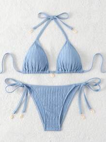 Swim Mod Conjunto de bikini de dos piezas con textura para playa de verano con cuello halter y lazo