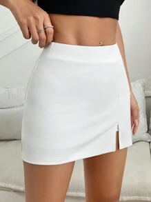 SHEIN EZwear Women's Solid Color High Slit Hem Skirt - White - View 3