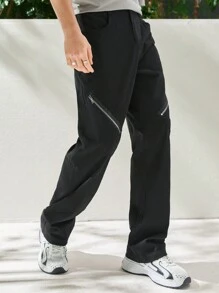 Manfinity Hypemode 男士拉鍊休閒直筒褲 - 黑色 - 查看 4