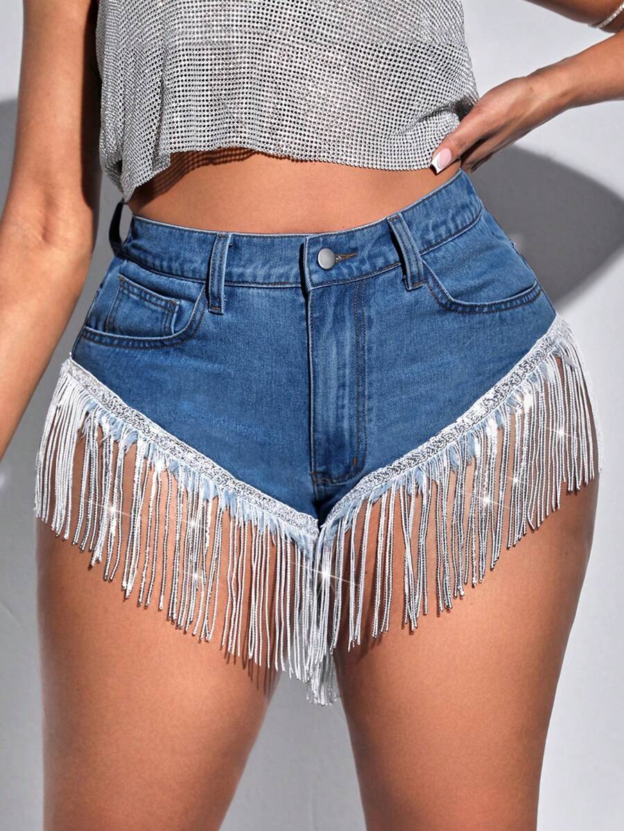 SHEIN SXY 加大碼女士牛仔短褲,帶有流蘇邊和拼接設計 - 中等水洗藍 - 查看 1