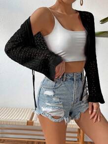 Breezaya 純色空心針織綁帶蓬蓬袖開衫 - 黑色 - 查看 7