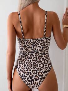 SHEIN Swim Leopard Print Hollow Out Cross Front Slim Fit One Piece Swimsuit For Swimming, Vacation, Summer Beach - Multicolor - View 2