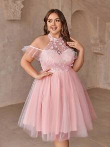 SHEIN Belle Plus Size Ladies Pink Princess Palace Style Off Shoulder Glitter 3d Floral Patchwork Tulle Sundress Short Homecoming Dresses Short Formal Dress Birthday Teens Dress Cocktail Dress Short Evening Dress - Pink - View 6