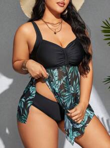Swim Lushoire Ensemble de maillot de bain d'été plante d'impression plus taille. Mini robe de plage épissure et culotte triangle de couleur unie