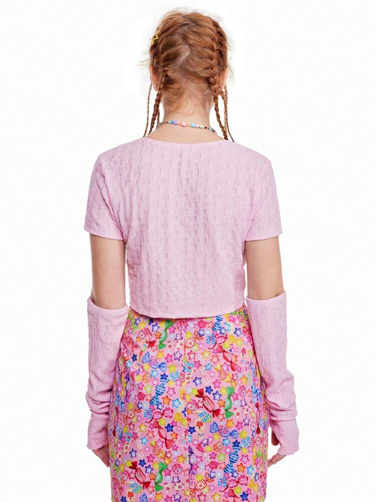 Quirky Fun Dopamine  See-Through Textured Sleeve Front Center Lace-Up Top