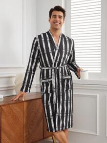 Men's Striped Long Sleeve Bathrobe - Black - View 4