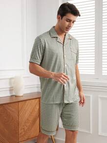 Men's Plaid Collar Short Sleeve And Shorts Homewear Set - Blue - View 3
