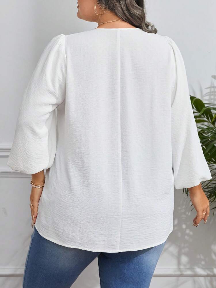 Plus Size Fringed Tie Neck Lantern Sleeve Blouse