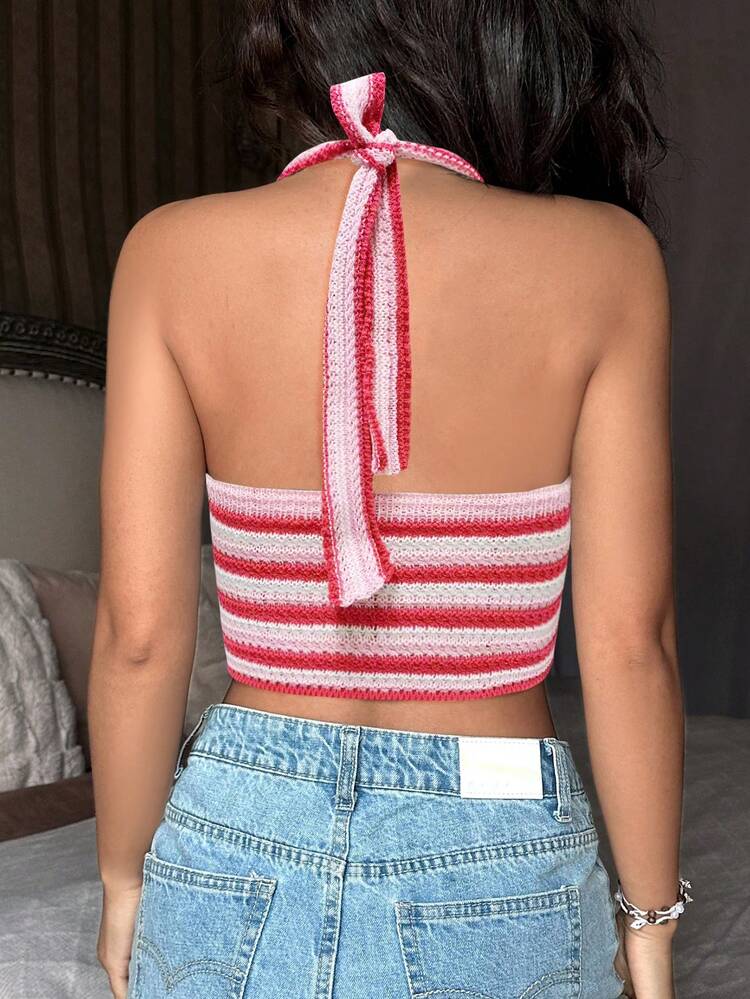 Women's Striped Halter Neck Knit Crop Top