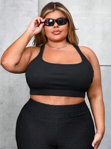 SHEIN CURVE+ Plus Size Yoga Basic Ribbed Knit Crisscross Back Crop Sports Tank Top - Black - View 5