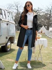 GASMAN Spring And Autumn Casual Letter Print Hooded Tie Pocket Jacket With Rolled-Up Sleeves