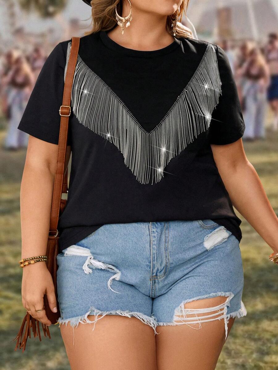 SHEIN LUNE 大码女式宽松 T 恤，带金属流苏装饰图案 T 恤女式上衣 - 黑色 - 查看 1