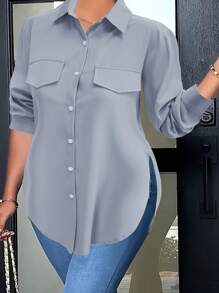 Plus Size Women Fashion Elegant Solid Color Side Slit Blouse Casual Spring - Grey - View 4