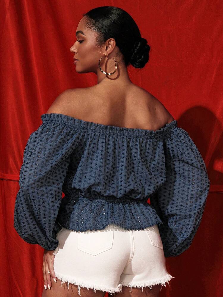 Designer Women's Embroidered Loose Blouse With Off Shoulder Frill Design, Fall, For Autumn & Winter, Holiday, Thanksgiving, Vacation, Spring, Spring, Festival