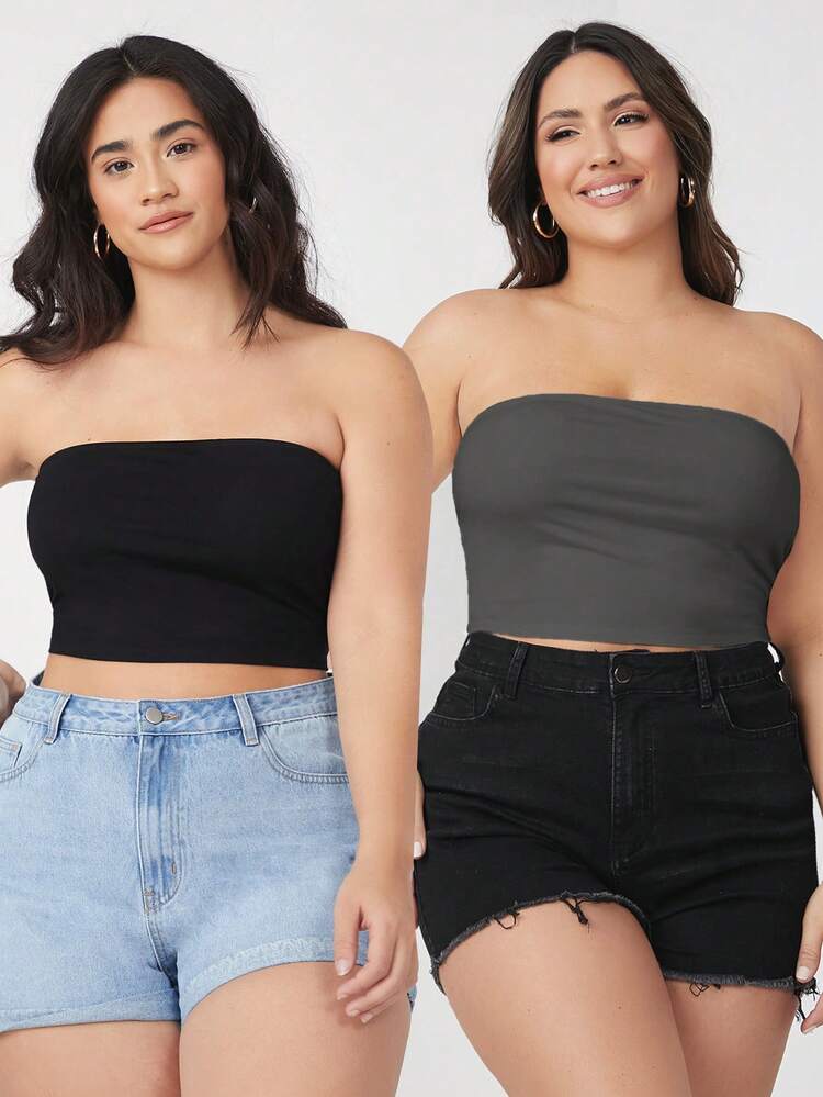 Plus Size Solid Color Strapless Slim Fit Top