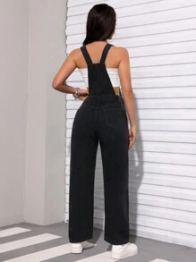SHEIN PETITE Women's Denim Overalls With Pockets - Black - View 2