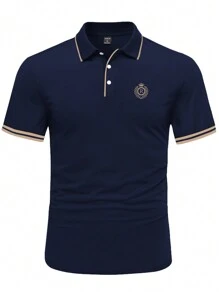 Manfinity Homme Camiseta Polo Impresa Con Ribete Color Block Y Logotipos Bordados Para Hombre - azul real - Ver 4