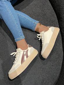 女式簡約平底綁帶運動鞋,春/秋新時尚透氣輕便休閒運動鞋 - 卡其色 - 查看 3