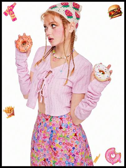 SHEINNeu 有趣的多巴胺透明紋理袖口前中心綁帶上衣