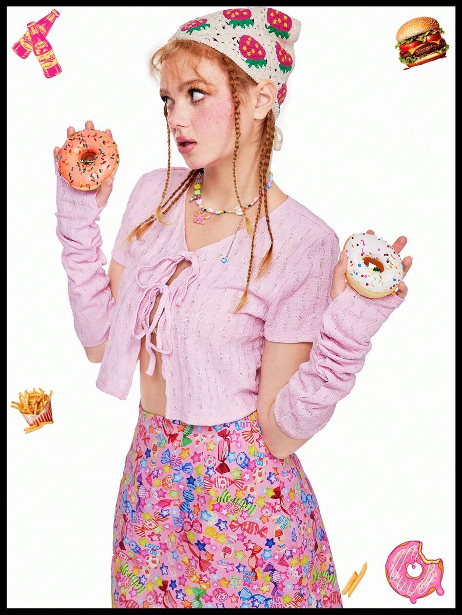 SHEINNeu 有趣的多巴胺透明紋理袖口前中心綁帶上衣