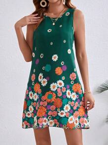SHEIN VCAY 女士花卉印花無袖圓領連衣裙 - 綠色 - 查看 4