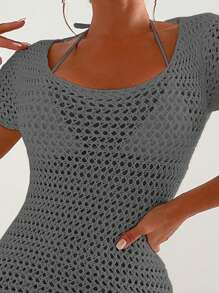 SHEIN Swim Solid Color Hollow Out Knitted Round Neck Bodycon Cover Up Dress Summer - Grey - View 3