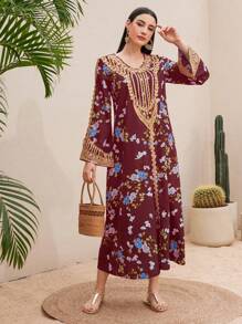 Al Najma 女士優雅花卉印花刺繡設計連衣裙 - 彩色 - 查看 6