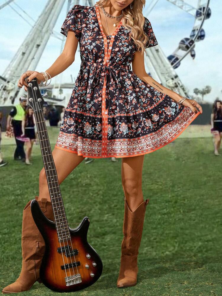 Women's Floral Print Lotus Hem Swing Dress