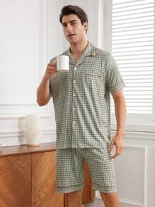 Men's Plaid Collar Short Sleeve And Shorts Homewear Set - Blue - View 8