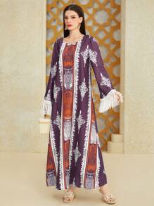 Al Najma Bohemian Print V-Neck Tassel-Trimmed Loose Dress