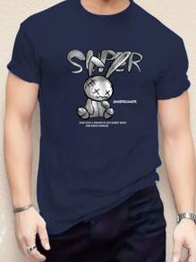 Men Cartoon And Slogan Graphic Tee - Navy Blue - View 1