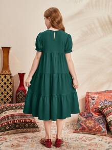 SHEIN 中大童女生休閒寬鬆短袖連衣裙,圓弧下擺和蝴蝶結點綴的領口 - 綠色 - 查看 2