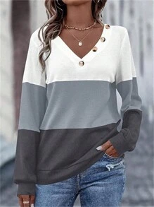 INAWLY Plus Size Women's Color Block Long Sleeve Tee With Button Decoration, Women Tops For Spring - Grey - View 3