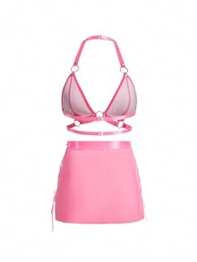 Snug Zone طقم قميص قصير لامع بحلقة شكل O تفاصيل مرصع برباط جانبي الأرنب 3 قطع - وردي - مشاهدة 5