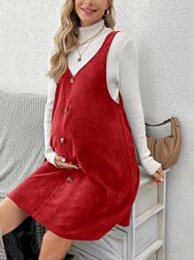 SHEIN Maternity Solid Color Button Detail V-Neck Sleeveless Dress, For Winter For New Year Clothes